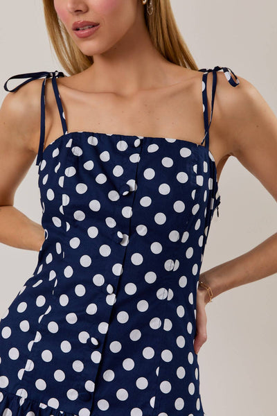 DROP WAIST BUTTON DETAIL POLKA DOT MINI DRESS: NAVY-WHITE DOT / S - Lulu Bella Boutique