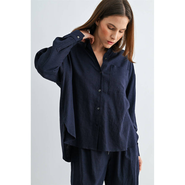 LINEN DROP SHOULDER SHIRT: Navy / S-M-L(2-2-2) - Lulu Bella Boutique