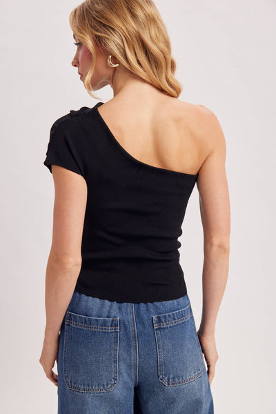 DRAPED KNIT ASYMMETRIC ONE SHOULDER KNIT TOP: Black / S - Lulu Bella Boutique