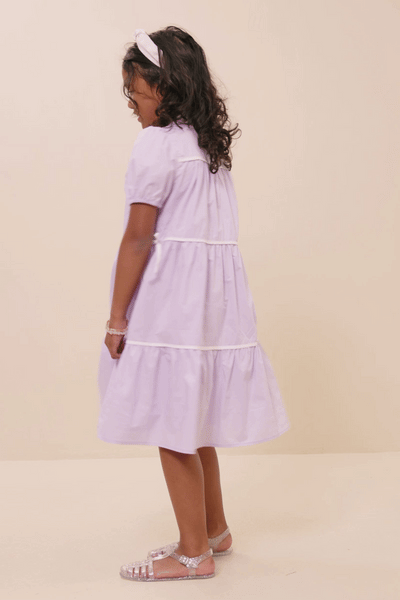 Girls Contrast Piping Ribbon Buttoned Dress: Lavender