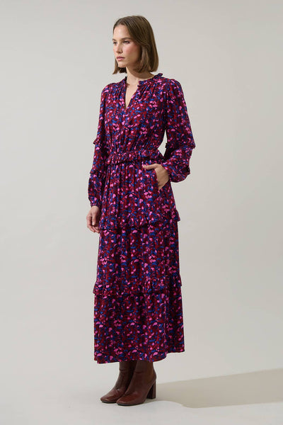 Turma Abstract Iveny Tiered Maxi Dress: BURG-PINK