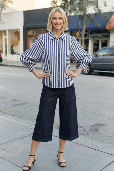 Stripe Print Collared 3/4 Balloon Sleeve Shirt VT83527: Navy / S - Lulu Bella Boutique
