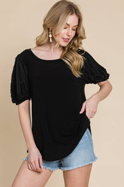 Plus Size Solid Casual Top With Contrast Sleeves: 1XL / Black