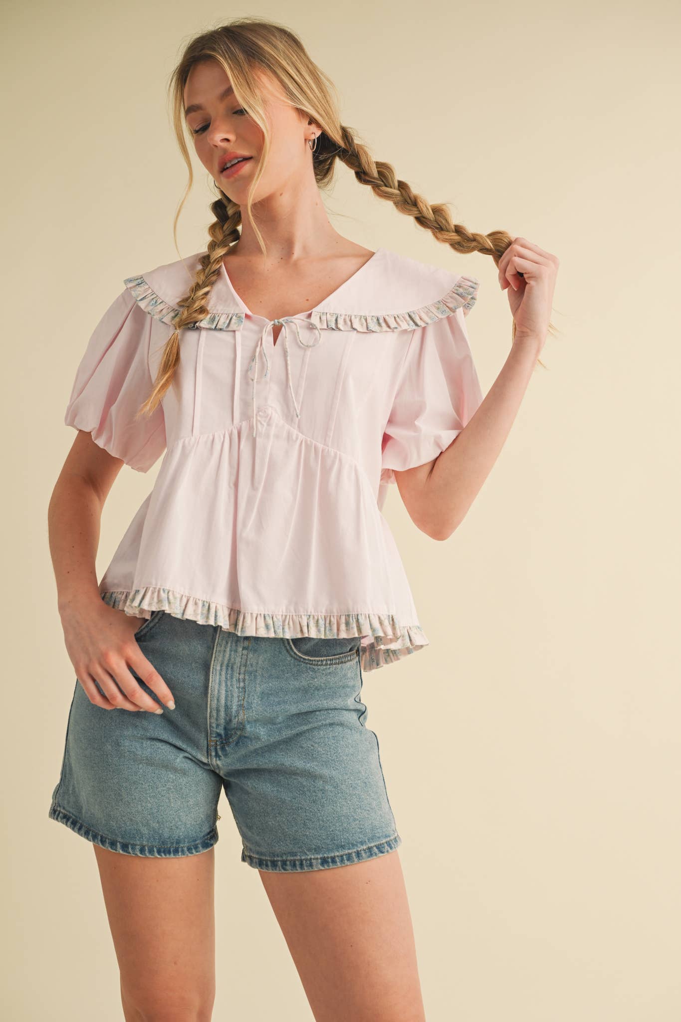 Doll Collar Ruffle Trim Babydoll Top: L PINK MULTI FLORAL - Lulu Bella Boutique
