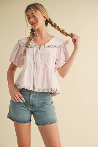 Doll Collar Ruffle Trim Babydoll Top: L PINK MULTI FLORAL - Lulu Bella Boutique