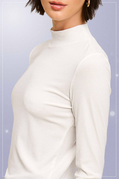 Stretchy Ribbed Long Sleeve Mock Neck Basic Top: Milk / L