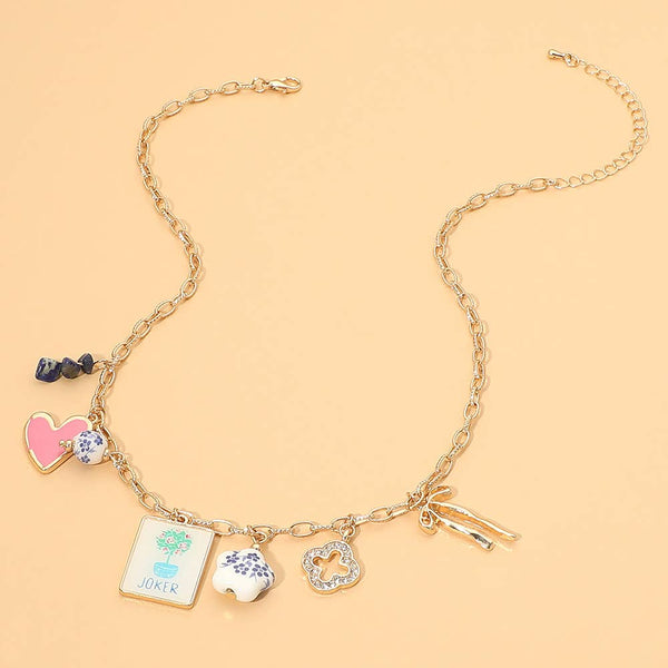 Mahjong Tile Bow Heart Quatrefoil Flower Charm Station Necklace