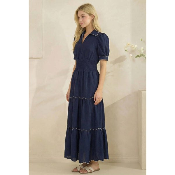 Collared neckline, puff sleeves, smocked waist, and scallope: Navy / S - Lulu Bella Boutique