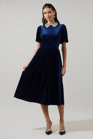 Francie Rhinestone Velvet Midi Dress: Navy
