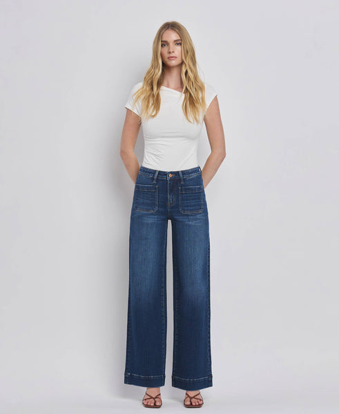 HIGH RISE PATCH POCKET TROUSER  HEM WIDE JEANS F5764D: DARK DENIM / 24 - Lulu Bella Boutique