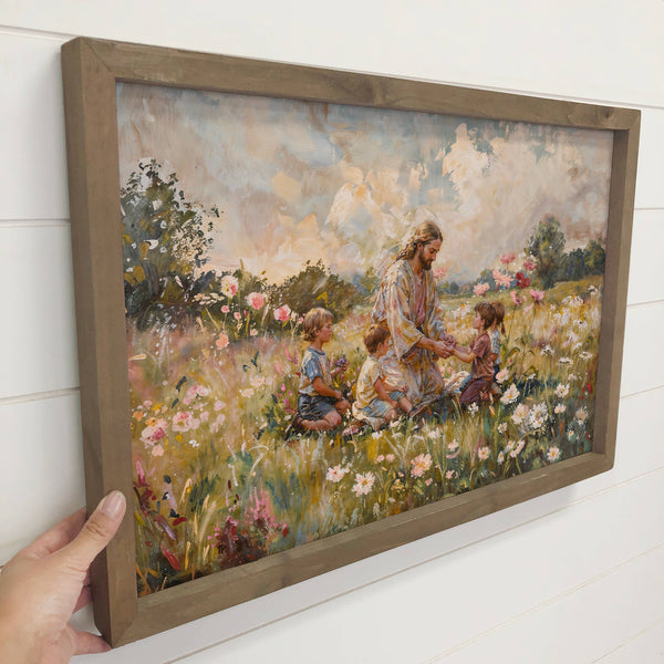 Jesus Christ with Children Meadow - Farmhouse Living Room : 12x18" Medium Canvas Art with Thick Wood Frame