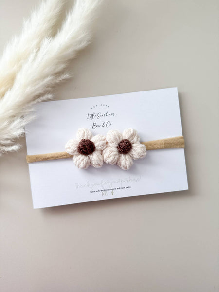 Crochet Flowers Hair Clips & Headbands: Tan & Brown Flower / Pigtail Set - Lulu Bella Boutique