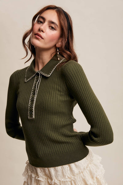 Contrast Stitch Ribbed Knit Top : Dark Olive