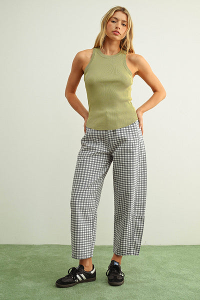 P5936   MINI CHECKER PATTERN BARREL PANTS: NAVY / S - Lulu Bella Boutique