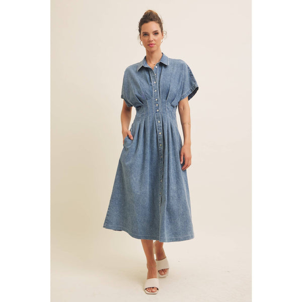 STRETCHY DENIM MIDI DRESS WITH MINERAL-WASHED: WASHED DENIM / L - Lulu Bella Boutique