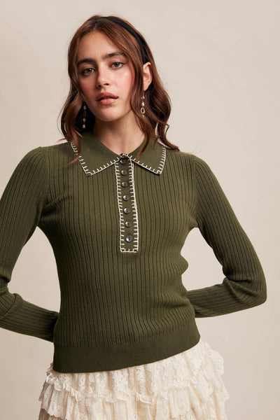 Contrast Stitch Ribbed Knit Top : Dark Olive