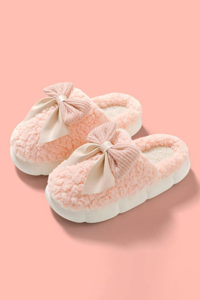 Bowknot Applique Plush Winter Slippers | US6-9.5: Khaki / Standard / US6 (CN37)