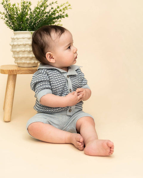 Miles Wave Textured Baby Shirt & Shorts Set (Organic Cotton): Blue Heather