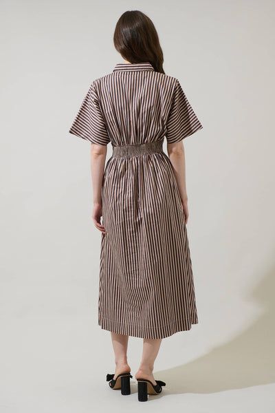 Barkline Stripe Wilderra Pleated Midi Dress: BrownMulti / XS - Lulu Bella Boutique
