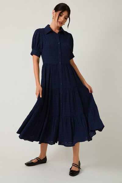 PUFF HALF SLEEVE BUTTON DOWN TIERED MIDI DRESS: NAVY / S - Lulu Bella Boutique