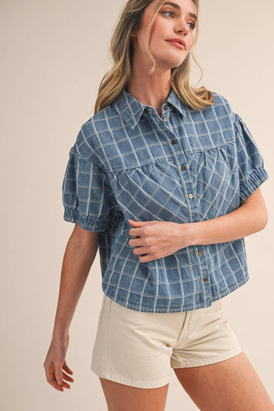 CHECKERED DENIM BUTTON DOWN TOP MTP4657: LIGHT DENIMBLUE / S - Lulu Bella Boutique
