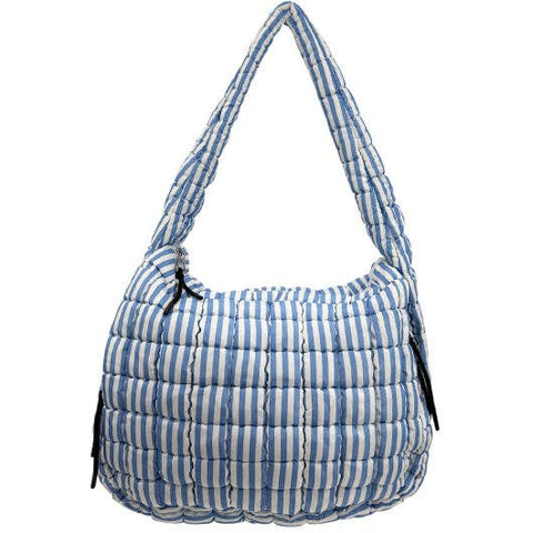 Striped Puffer Quilted Handbag Light Blue/White