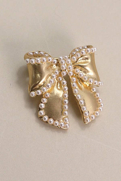 GOLD PEARL BOW RIBBON BOW KNOT BROOCH: Gold