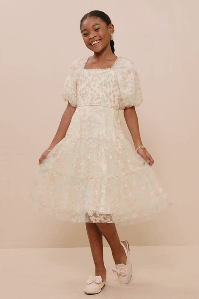 Girls Smocked Floral Mesh Lace Tiered Dress - Lulu Bella Boutique
