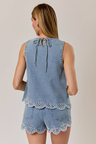 ROUND NECK SLEEVES EYELET EMBROIDERED DENIM TOP: DENIM / S - Lulu Bella Boutique