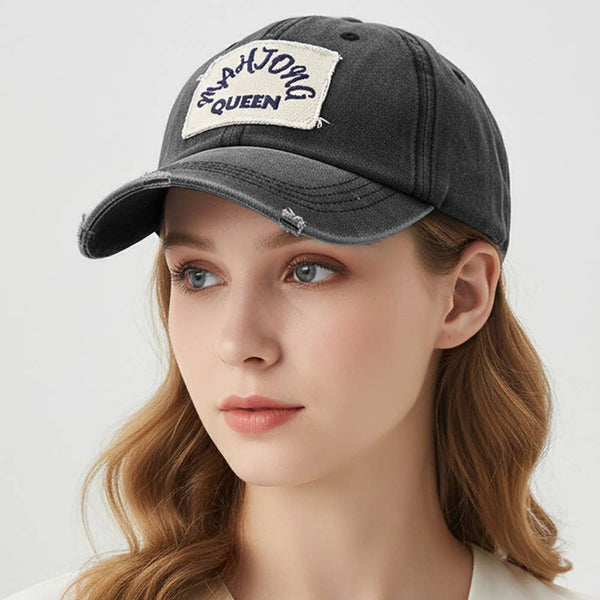 Mahjong Queen Message Patch Vintage Distressed Baseball Cap: Black