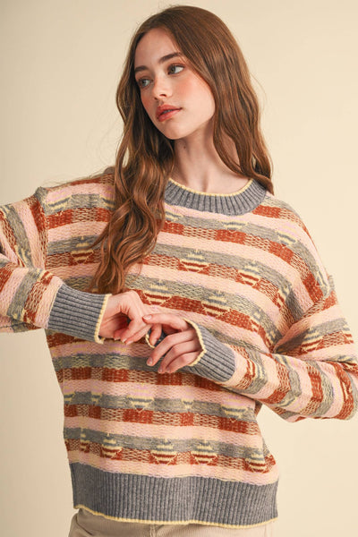 ABSTRACT GEOMETRIC KNIT PATTERN SWEATER: GREY PINK MULTI
