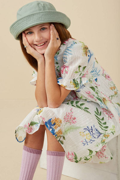 Girls Embroidered Textured Botanical Buttoned Dress: Off White