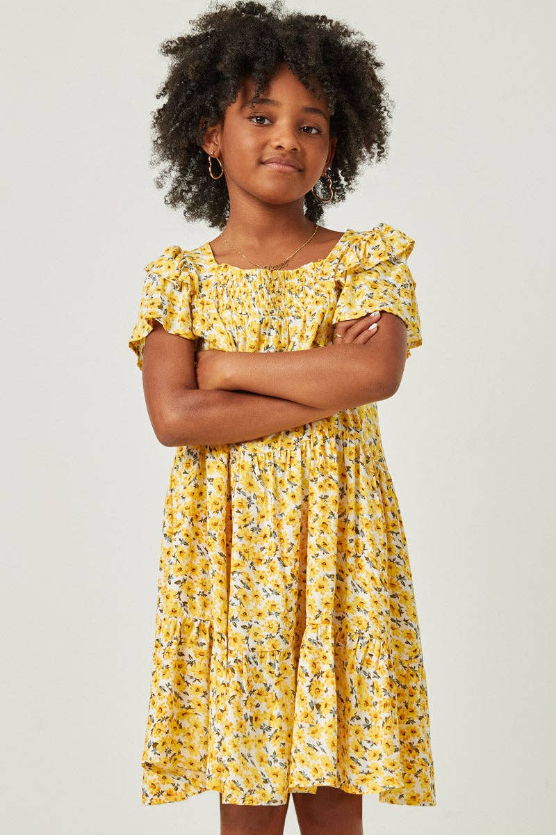 Girls Floral Ruffle Sleeve Smocked Dress - Lulu Bella Boutique
