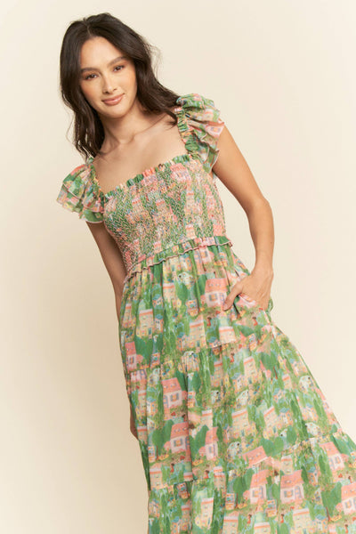 VILLAGE SMOCKING BODICE RUFFLE SLEEVE MAXI DRESS: Pink green / S - Lulu Bella Boutique