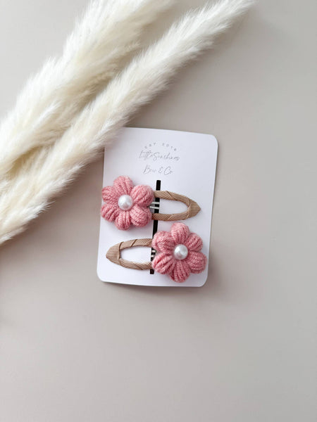 Knit Pearl Flower Hair Clips & Headbands: Cream / Pigtail Set - Lulu Bella Boutique