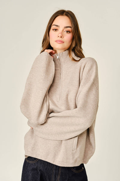 WOOL MIX HALF ZIP UP PULLOVER SWEATER: MOCHA