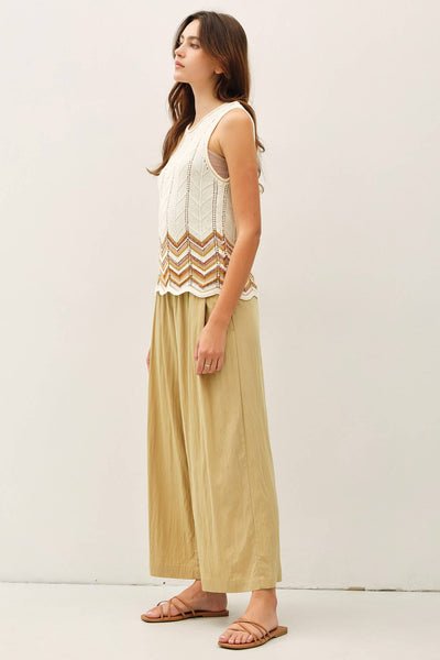 CRINKLED WIDE LEG CROPPED PULL ON PANTS: SAND / S - Lulu Bella Boutique