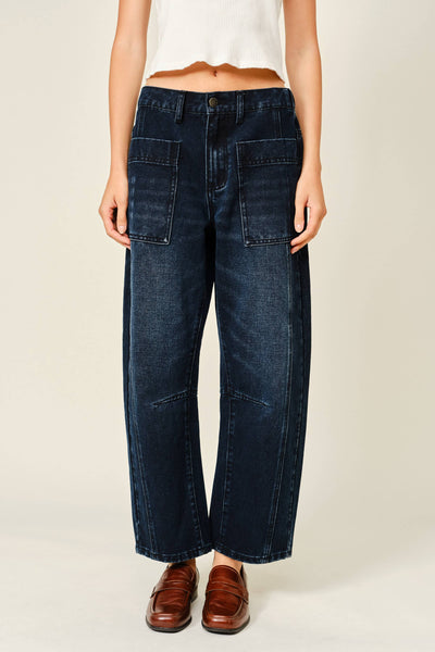 DARK WASHED BARREL JEANS: NAVY