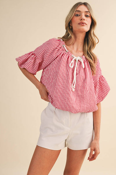 STRIPED BUBBLE TOP WITH GROMMET NECKLINE MTP4529: BERRY RED STRIPE / S - Lulu Bella Boutique
