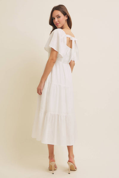 TIERED FLORAL CROCHET MIDI DRESS WITH FLUTTER SLVS: OFF WHITE / L - Lulu Bella Boutique