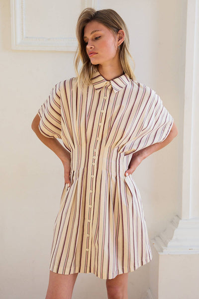 Stripe Dolman-Sleeve Button-Front Mini Dress - RD1361: CREAM PLUM STRIPE / S-M-L (3-2-1) - Lulu Bella Boutique