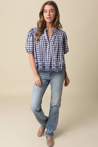 Abbie Gingham Puff Sleeve Blouse: White Navy / Contemporary / S - Lulu Bella Boutique