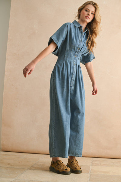 JU5542   CHAMBRAY DENIM BUTTON DOWN JUMPSUIT: DENIM / S - Lulu Bella Boutique