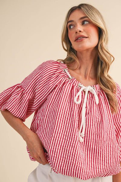 STRIPED BUBBLE TOP WITH GROMMET NECKLINE MTP4529: BERRY RED STRIPE / S - Lulu Bella Boutique