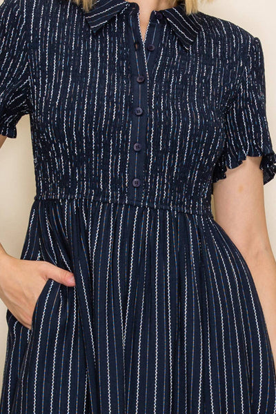 Smocked Bodice Button-Down Dress: Navy / S - Lulu Bella Boutique