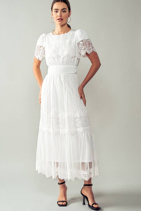 Lace Trim Cap Sleeve White Maxi Dress: Ivory S