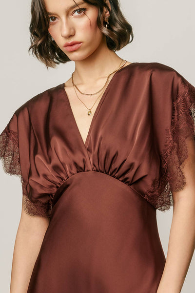 Lace Sleeve Satin Blouson Maxi Dress: RUM RAISIN