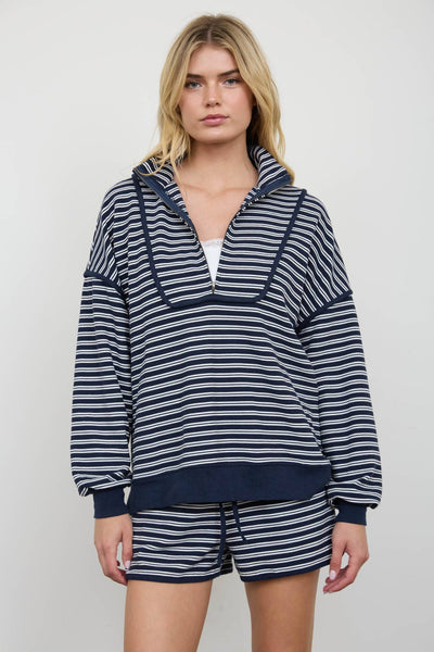 HALF ZIP STRIPE CONTRAST TRIM LONG SLEEVE KNIT TOP: NAVY