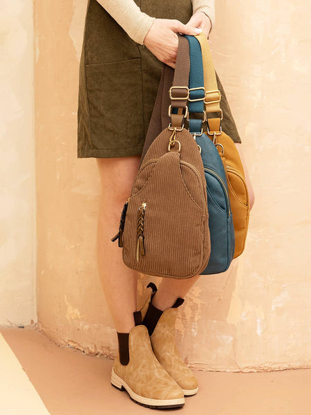 M2342CRDY Nikki Corduroy Dual Compartment Sling Pack Bag: Brown - Lulu Bella Boutique