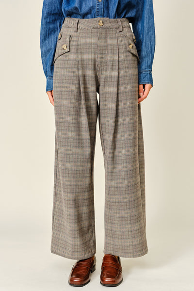 CLASSIC PLAID PLEATED PANTS: BROWN MULTI